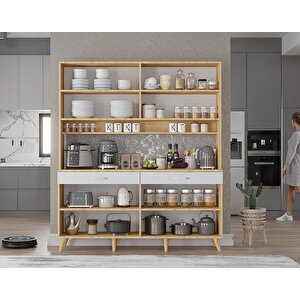 Denze Kahve Köşesi Çok Amaçlı Dolap Kiler Mutfak Dolabı Meşe Beyaz 140cm - Montaj Dahil