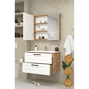 Savora 80 Cm Mdf Gövde Membran Kapak Banyo Dolabı Seti Atlantik Çam - Beyaz