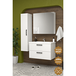 Havana 65 Cm Mdf Gövde Membran Kapak Banyo Dolabı Seti + Boy Dolabı Beyaz