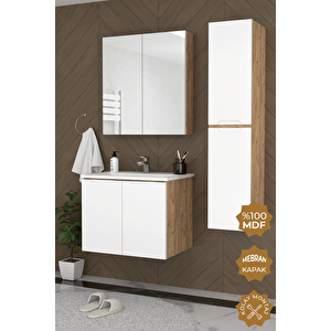 Astana 65 Cm Mdf Gövde Membran Kapak Banyo Dolabı Seti + Boy Dolabı Atlantik Çam - Beyaz