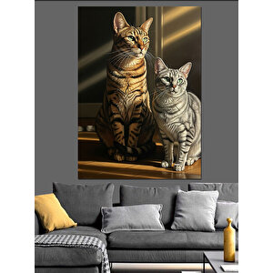 Kedi Ailesi Portresi Dekoratif Kanvas - Mdf Ahşap Tablo 100x140 cm