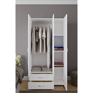 Mavera 3  Kapaklı 2 Çekmeceli Gardrop, Beyaz, 90 Cm Beyaz