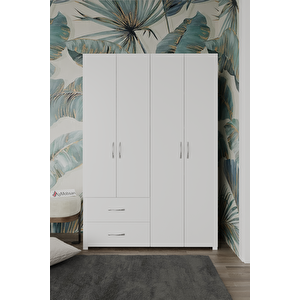 Mavera 4 Kapaklı 2 Çekmeceli Gardrop, 120 Cm, Beyaz Beyaz