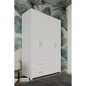Mavera 4 Kapaklı 2 Çekmeceli Gardrop, 120 Cm, Beyaz Beyaz