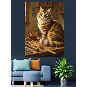 Kahverengi Kedi Dinleniyor Dekoratif Kanvas - Mdf Ahşap Tablo 50x70 cm