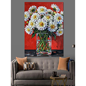 Vazoda Beyaz Papatyalar Dekoratif Kanvas - Mdf Ahşap Tablo 100x140 cm