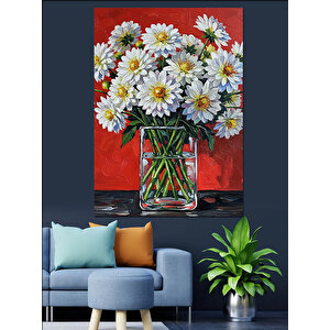 Vazoda Beyaz Papatyalar Dekoratif Kanvas - Mdf Ahşap Tablo 100x140 cm