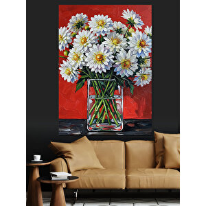 Vazoda Beyaz Papatyalar Dekoratif Kanvas - Mdf Ahşap Tablo 100x140 cm