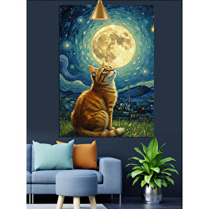 Dolunay Altında Kedi Oturuyor Dekoratif Kanvas - Mdf Ahşap Tablo 100x140 cm