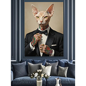 Takım Elbiseli Kedi Adam Dekoratif Kanvas - Mdf Ahşap Tablo 100x140 cm