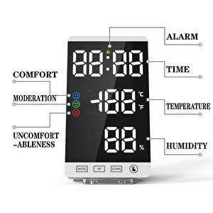 Valkyrie Aynalı Led Dereceli Nem Ölçer Alarmlı Masa Saati Beyaz