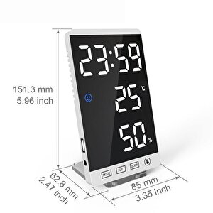 Valkyrie Aynalı Led Dereceli Nem Ölçer Alarmlı Masa Saati Beyaz