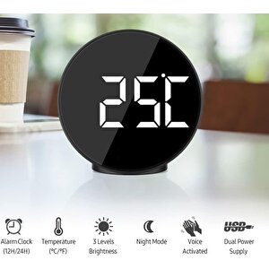 Valkyrie Çift Alarmlı Led Touch Snooze Şık Tasarım Masa Saati Siyah