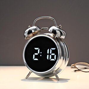 Valkyrie Led Ekranlı Analog Alarmlı Masa Saati Çalar Saat Pil Dereceli Çift Alarmlı Dijital Saat Gümüş