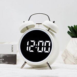 Valkyrie Led Ekranlı Analog Alarmlı Masa Saati Çalar Saat Pil Dereceli Çift Alarmlı Dijital Saat Beyaz