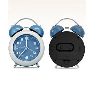 Valkyrie Akar Saniyeli Analog Yüksek Sesli Şirin Masa Saati Alarmlı Işıklı Dakik  Çift Çanlı Mavi