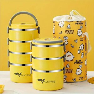 Valkyrie 3 Gözlü Çelik Penguen Desenli Sarı Termal Bento Kutusu Çocuklar İçin Şirin