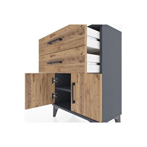 Arges Komodin Tek Raflı 2 Çekmeceli 2 Kapaklı 60x30x80 Antrasit-çam