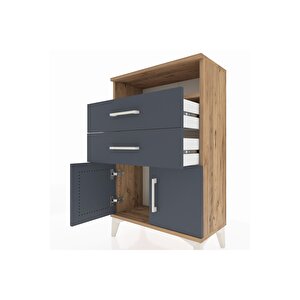 Arges Komodin Tek Raflı 2 Çekmeceli 2 Kapaklı 60x30x96 Çam-antrasit