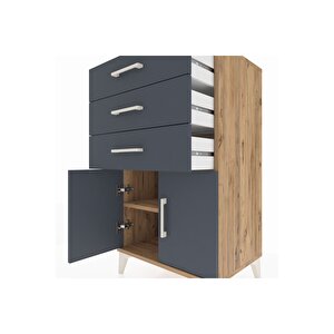 Hyperion Komodin Tek Raflı 3 Çekmeceli 2 Kapaklı 60x44x106 Çam-antrasit