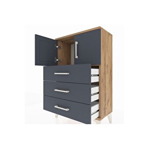 Arges Komodin Tek Raflı 3 Çekmeceli 2 Kapaklı 60x30x96 Çam-antrasit