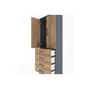 Arges Dolap Tek Raflı 4 Çekmeceli Tek Askılı 60x30x163 Antrasit-çam