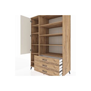 Kronos Dolap 9 Raflı 3 Çekmeceli Tek Kapaklı  132x59x195 Çam-aytaşı/çam