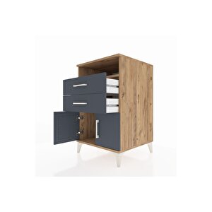 Kronos Komodin Tek Raflı 2 Çekmeceli 2 Kapaklı 60x59x96 Çam-antrasit