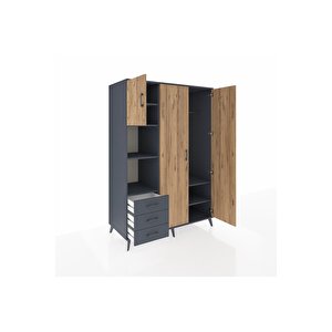 Kronos Dolap 6 Raflı 3 Çekmeceli Tek Askılı 132x59x195 Antrasit-çam/antrasit