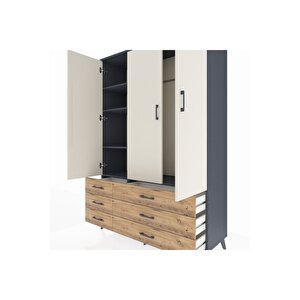 Hyperion Dolap 5 Raflı 6 Çekmeceli Tek Askılı 132x44x195 Antrasit-aytaşı/çam