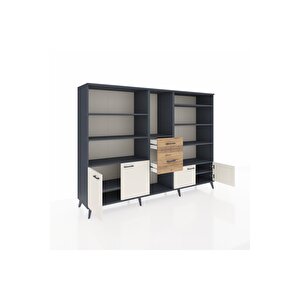 Hyperion Dolap 10 Raflı 2 Çekmeceli 4 Kapaklı 220x44x163 Antrasit-aytaşı/çam