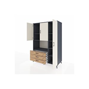 Kronos Dolap 7 Raflı 3 Çekmeceli 3 Kapaklı 132x59x195 Antrasit-aytaşı/çam