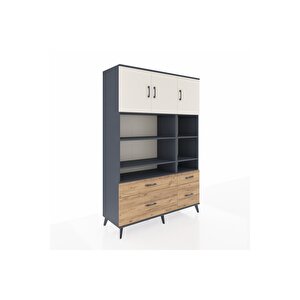 Hyperion Dolap 10 Raflı 4 Çekmeceli 3 Kapaklı 132x44x195 Antrasit-aytaşı/çam