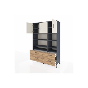 Hyperion Dolap 10 Raflı 4 Çekmeceli 3 Kapaklı 132x44x195 Antrasit-aytaşı/çam
