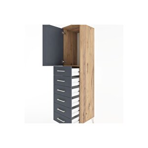 Hyperion Dolap Tek Raflı 6 Çekmeceli Tek Kapaklı 44x44x182 Çam-antrasit