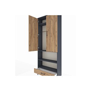 Arges Dolap 4 Raflı Tek Çekmeceli Tek Askılı 88x30x221 Antrasit-çam