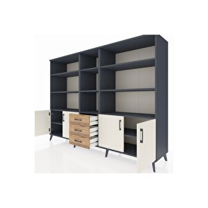 Hyperion Dolap 11 Raflı 3 Çekmeceli 4 Kapaklı 220x44x163 Antrasit-aytaşı/çam