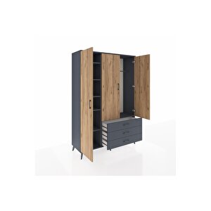 Hyperion Dolap 6 Raflı 3 Çekmeceli Tek Askılı 132x44x195 Antrasit-çam/antrasit