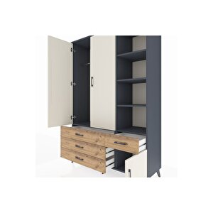 Hyperion Dolap 5 Raflı 4 Çekmeceli Tek Askılı 132x44x195 Antrasit-aytaşı/çam