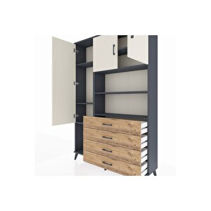 Arges Dolap 7 Raflı 4 Çekmeceli 3 Kapaklı 132x30x195 Antrasit-aytaşı/çam