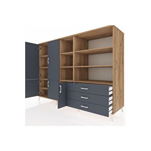 Kronos Dolap 11 Raflı 3 Çekmeceli 5 Kapaklı 220x59x163 Çam-antrasit