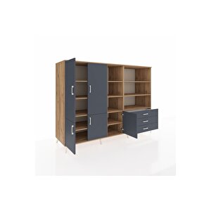 Kronos Dolap 11 Raflı 3 Çekmeceli 5 Kapaklı 220x59x163 Çam-antrasit