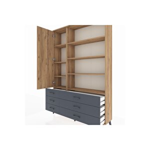 Arges Dolap 8 Raflı 6 Çekmeceli Tek Kapaklı  132x30x195 Çam-çam/antrasit