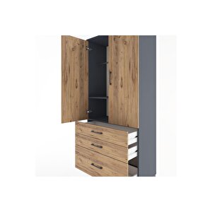 Hyperion Dolap 2 Raflı 3 Çekmeceli Tek Askılı 88x44x195 Antrasit-çam