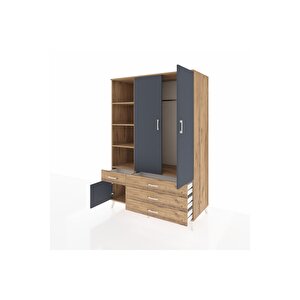 Kronos Dolap 5 Raflı 4 Çekmeceli Tek Askılı 132x59x195 Çam-antrasit/çam
