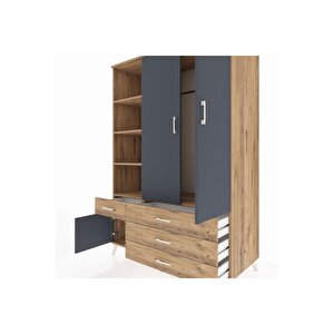 Kronos Dolap 5 Raflı 4 Çekmeceli Tek Askılı 132x59x195 Çam-antrasit/çam