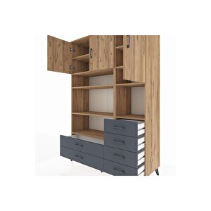 Hyperion Dolap 9 Raflı 6 Çekmeceli 3 Kapaklı 132x44x195 Çam-çam/antrasit
