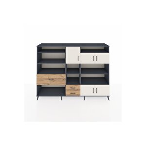 Hyperion Dolap 13 Raflı 3 Çekmeceli 5 Kapaklı 220x44x163 Antrasit-aytaşı/çam