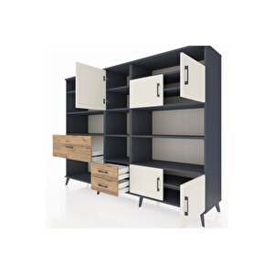 Hyperion Dolap 13 Raflı 3 Çekmeceli 5 Kapaklı 220x44x163 Antrasit-aytaşı/çam