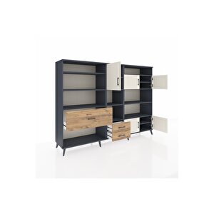 Hyperion Dolap 13 Raflı 3 Çekmeceli 5 Kapaklı 220x44x163 Antrasit-aytaşı/çam